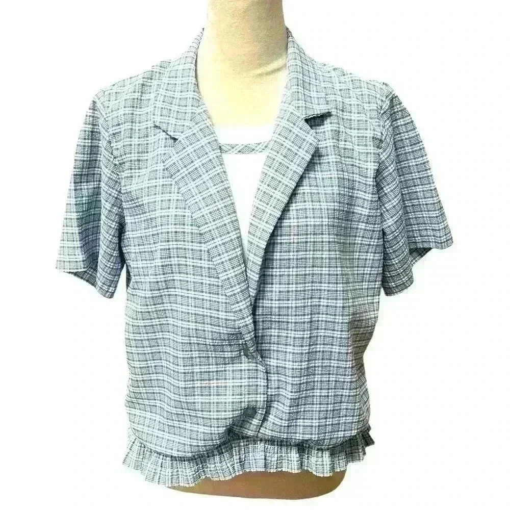 Alfred Dunner Women’s Petite M Short Sleeve Top Blue White Plaid attached tank